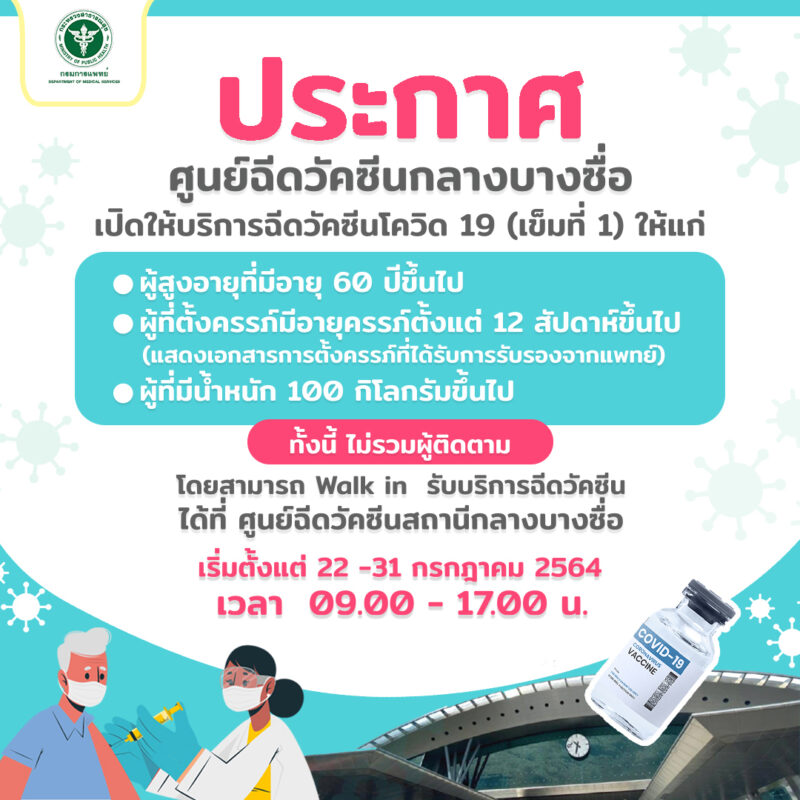 กรมการแพทย์ เปิดรับ Walk-in ฉีดวัคซีนโควิด-19 ให้คน 3กลุ่ม