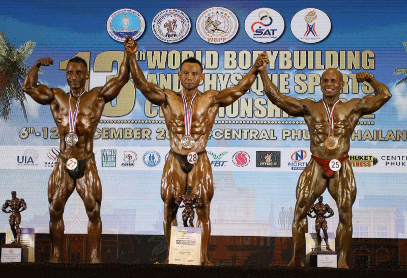 Flexing Thai muscles on day one, winning 5 golds at the World Bodybuilding Championships